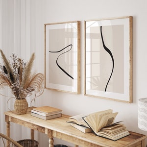 Conjunto de galeria de arte abstrata de linha com 2 impressões, esboço moderno, pôster minimalista, impressões de desenho de linha minimalista, arte de parede preta e bege para impressão