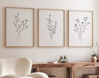 Flower Line art Prints, Set Of 3 Prints, Floral Print, Flower Wall Art, Minimal Floral Prints