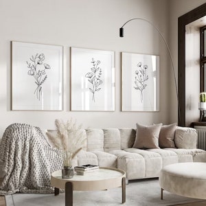 Juego de 3 impresiones de arte lineal con flores, decoración de pared minimalista, estampado floral, arte de pared con flores, decoración de pared botánica