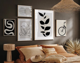 5er Set Prints, modernes Wohnaccessoire, Neutral Galeriewand Schwarz & Beige