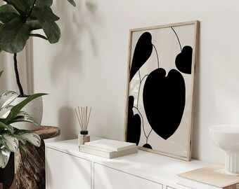 Abstrakt botanisk blommstavla Neutral svartbeige blommstavla Boho utskrivbar konst Mid-Century Stämningsfull väggkonst Digital nedladdning