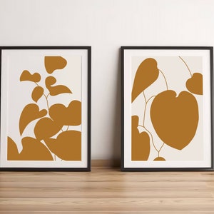 Abstract Botanical Mustard Yellow Floral Print Flower Wall Art Neutral ...