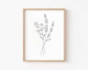 May include: A black and white line drawing of a bouquet of flowers in a simple frame. The flowers are stylized and include lavender and other small flowers.