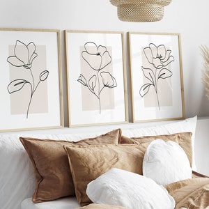 Flower Line Art Set Of 3 Prints, Floral Prints, Botanical Line Drawing, Printable Wall Art, Flower Wall Art, Minimalist Beige Decor