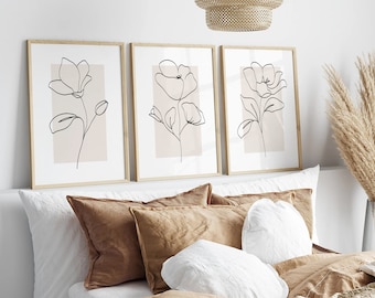 Flower Line Art Set Of 3 Prints, Floral Prints, Botanical Line Drawing, Printable Wall Art, Flower Wall Art, Minimalist Beige Decor