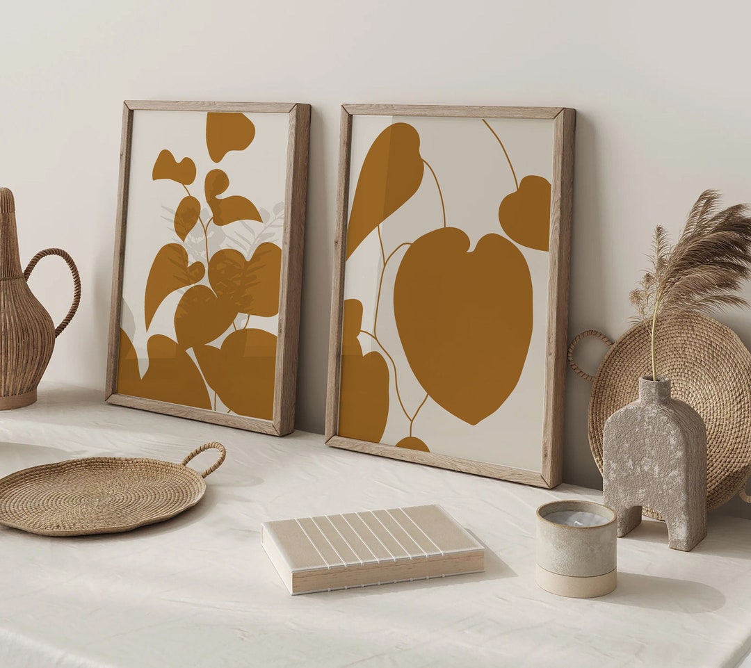 Abstract Botanical Mustard Yellow Floral Print Flower Wall Art Neutral ...