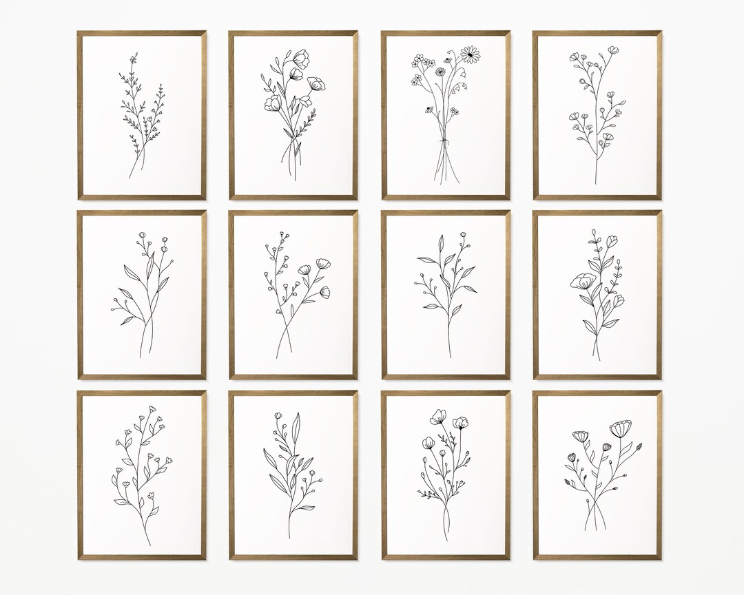 Flower Line Art Prints Set of 12 Minimalist Wall Flower Bouquet Wall ...