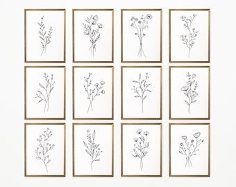 Flower Line Art Prints Set Of 12 Minimalist Wall Flower Bouquet Wall Decor, Gallery Wall Botanical Prints, Black and White Wildflower Decor