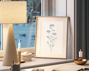 Blue Flower Line Drawing, Botanical Line Art Print, Blue Rose Bouquet, Wildflower Decor, Blue Flower Art Prints, Printable Wall Art