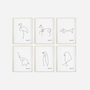 Picasso Animals Prints, Set of 6, Animal Line Drawing, Picasso Printable Wall Art, Nursery Animal Decor, Animal Sketches