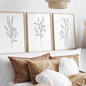 Flower Line Art Set Of 3 Prints, Botanical Prints Black and White Wildflower Printable Wall Decor, Floral Prints Minimalist Flower Wall Art