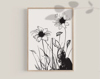 Wildflowers Wall Art Print Minimalist Wall Art Modern Botanical Wall Art Abstract Flower Beige Decor Drawing Print Aesthetic Floral Prints