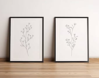 Flower Line Art Prints Set Of 2 Prints Floral Print Printable Wall Art Botanical Line Art Flower Wall Art Minimal Floral Prints