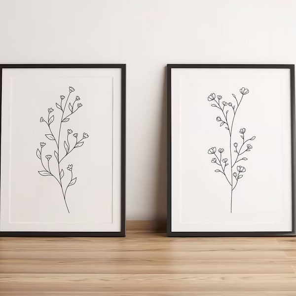 Flower Line Art Prints Set Of 2 Prints Floral Print Printable Wall Art Botanical Line Art Flower Wall Art Minimal Floral Prints