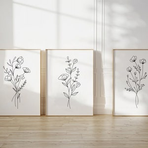 Flower Line Art Prints Set of 3 Prints Minimalist Wall Decor Floral ...