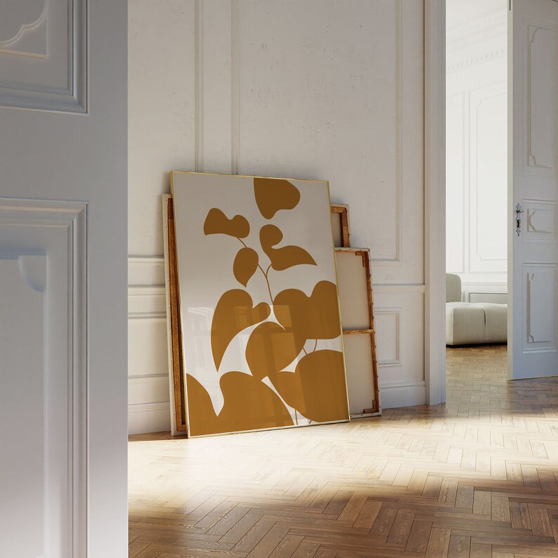 Abstract Botanical Mustard Yellow Floral Print Flower Wall Art Neutral ...