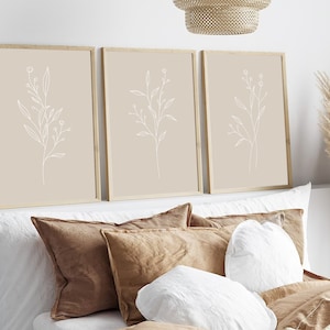Flower Line Art Botanical Print Set of 3, Wild Flowers Home Decor, Floral Prints Minimalist Gallery Beige Wall Art, Digital Prints