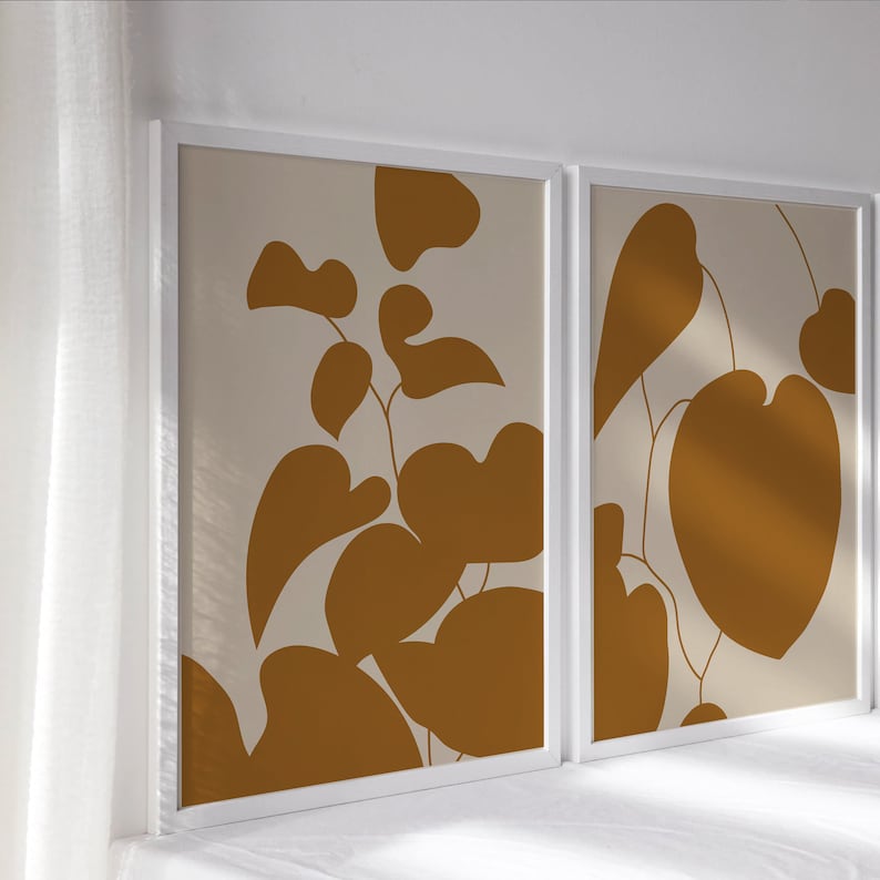 Abstract Botanical Mustard Yellow Floral Print Flower Wall Art Neutral ...
