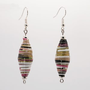 Contemporary Black and Multicolor Stripe Tapered Paper Bead Dangle Earrings