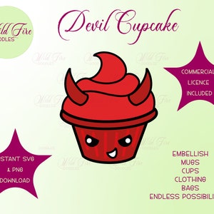Könnte beinhalten: Ein roter und schwarzer Cartoon-Teufelskuchen mit Hörnern und einem schelmischen Ausdruck. Der Text "Devil Cupcake" steht über dem Cupcake. Der Text "Commercial Licence Included" steht in einem lila Stern. Der Text "Instant SVG & PNG Download" steht in einem lila Stern. Der Text "Embellish Mugs Cups Clothing Bags Endless Possibilities!" steht in schwarzem Text.