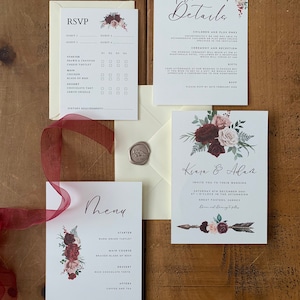 Burgundy Floral Wedding Invitation Suite Set with Menu choice, Rustic Blush Rose Pink Wedding Invite, with Ivory envelope Wax Seal