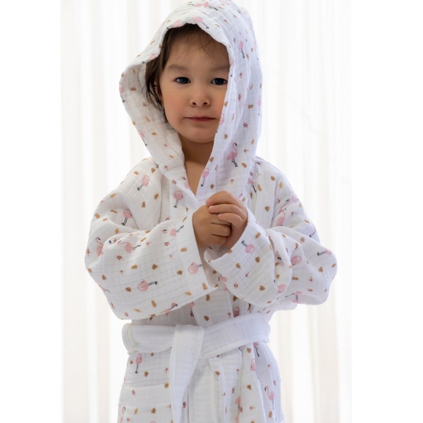 Flamingo Printed Cotton Thick Gauze Lovey Muslin Kids Hooded Bathrobe, After Bath or Beach Robes, Muslin Poncho, Unisex Toddler Baby Gifts