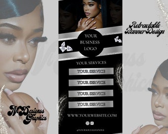 Könnte beinhalten: Ein schwarzes und silbernes Rollbanner-Design. Das Banner zeigt ein Frauenbild, einen Unternehmenslogo-Kreis, Servicebereiche und Website-/Social-Media-Informationen. Der Text lautet "Retractable Banner Design" und "MDesignss Graphics".