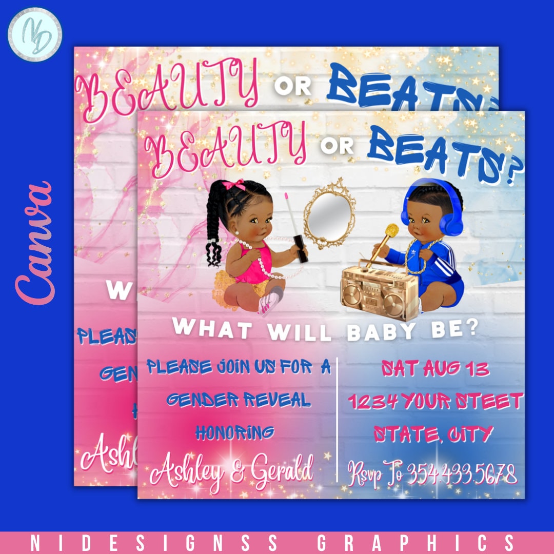 Beauty and Beats Gender Reveal Invitation Gender Reveal Customizable