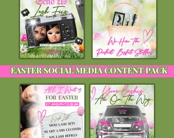 May include: Four square social media graphics with a pink and green Easter theme. The graphics feature text that says "Send Us Lash Fix", "We Have The Perfect Basket Stuffers", "All I Want For Easter", and "Your Lashes Are On The Way".