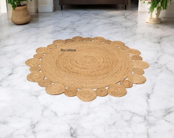 Handmade Round Jute Rug: Scalloped Border, Boho Home Decor