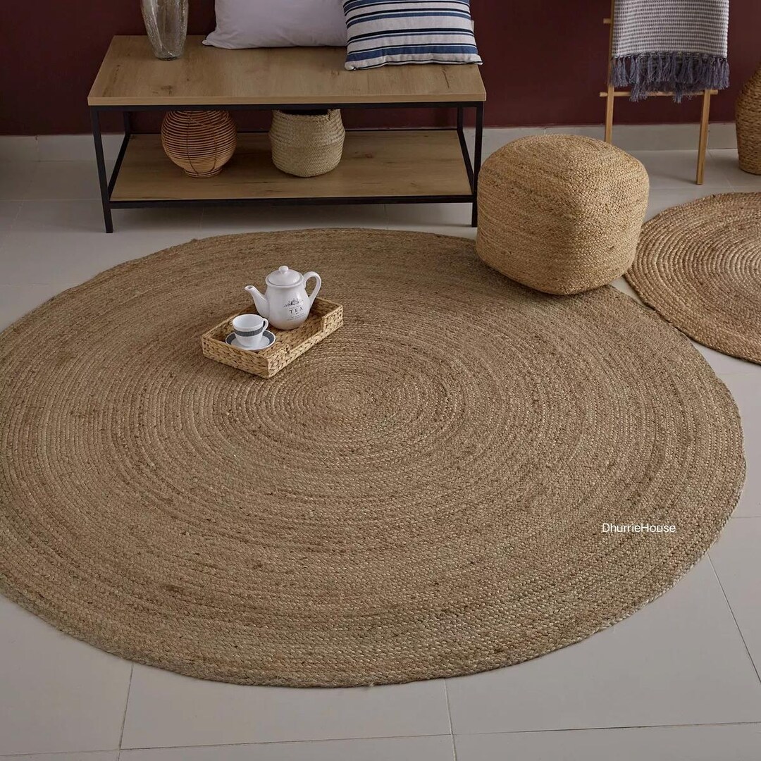 Round Abstract Jute Rug Handmade Round Jute Rug: Boho Round Area Rug, Handwoven Natural Jute ...