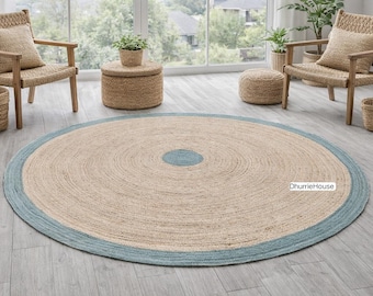 Handwoven Jute Round Area Rug – Boho Braided  gray Carpet