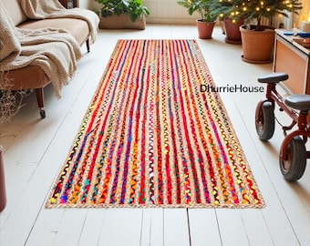 Hand Braided jute and Cotton Chindi Rug: Bohemian Multicolour carpet