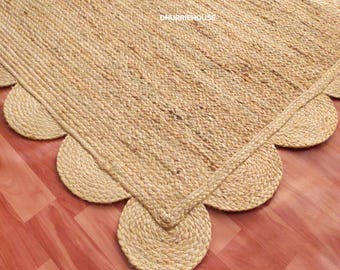 Jute Rug-Scalloped Rug, Natural Scallop Rug, Bohemian Scallop Rug,Natural Jute Area Rug,Bohemian Braided Natural Fiber Home Decor,Custom Rug
