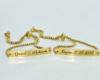 Bracelet personnalisé taille réglable, design élégant, gravure permanente plaquée or, cadeau d'anniversaire parfait pour toutes les occasions