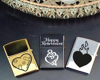 Gepersonaliseerde gegraveerde winddichte aanstekers, gegraveerde logo's, tekst, foto. Perfect aanstekercadeau voor elke gelegenheid.