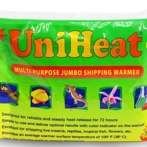 May include: A green and white UniHeat multi-purpose jumbo shipping warmer. The package features the text "UniHeat" in orange and red, along with illustrations of a grasshopper, fish, lizard, flower, and beakers. It is designed for reliable heat release for 72+ hours.