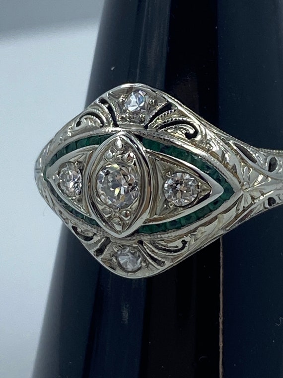 Antique Deco Diamond and French cut Emerald ring