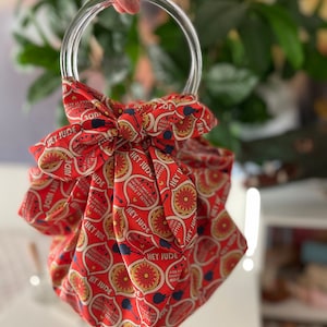 Knot Bag Furoshiki Multi-Functional Tote - Music, Guitar, 1960s Pattern with Clear Round Handles