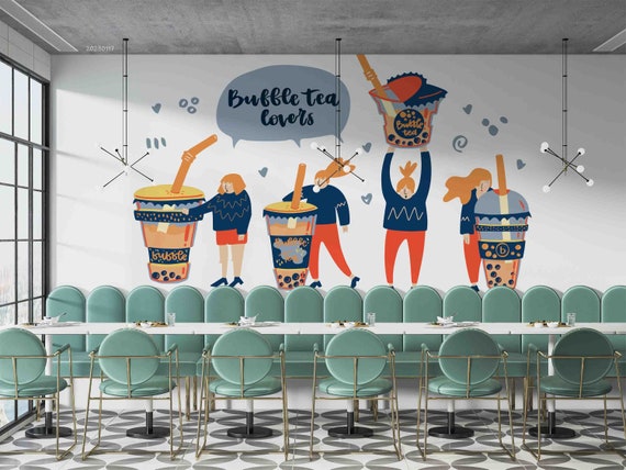 Cartoon Bubble Tea Milk Tea Shop Pearl Tea 3D Wallpaper - Etsy