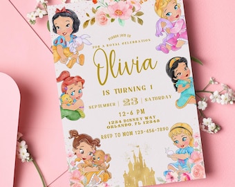 ディズニープリンセス誕生日招待状｜ロイヤルセレブレーション、編集可能なテンプレート（デジタル）