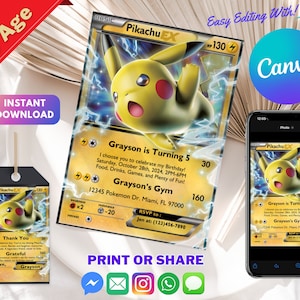 Invitation d'anniversaire Pokémon | Invitation d'anniversaire imprimable | Invitation d'anniversaire moderne de 5 ans | Invitation d'anniversaire | Thème d'anniversaire moderne
