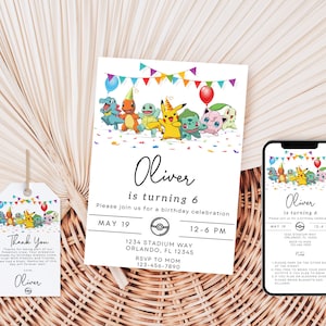 Invitation d'anniversaire Pokémon | Invitation d'anniversaire imprimable | Invitation d'anniversaire moderne de 5 ans | Invitation d'anniversaire | Thème d'anniversaire moderne
