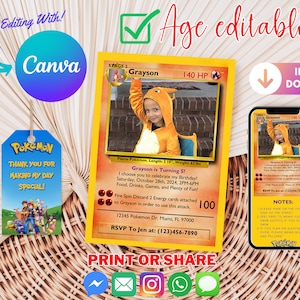 Invitation d'anniversaire Pokémon | Invitation d'anniversaire imprimable | Invitation d'anniversaire moderne de 5 ans | Invitation d'anniversaire | Thème d'anniversaire moderne