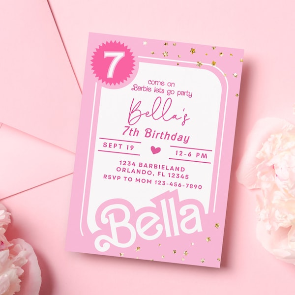 Puppen-Party Einladung | Puppen-Geburtstags-Party | Einladungskarte zur Geburtstagsparty in Pink | Rosa Puppen-Geburtstagseinladung | Puppe Einladung| Vorlage