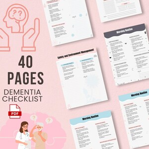 Puede incluir: Un PDF de lista de verificaci&oacute;n de demencia de 40 p&aacute;ginas con un esquema de color rosa, azul y gris. La lista de verificaci&oacute;n incluye secciones para la gesti&oacute;n de la seguridad y el medio ambiente, y las rutinas matutinas. La portada presenta una ilustraci&oacute;n de dibujos animados de un m&eacute;dico y un paciente.