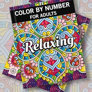 Può includere: Due libri da colorare per adulti con un design simmetrico e vibrante nei toni del giallo, rosa, blu e viola. Il testo sulla copertina recita "Colora con i numeri per adulti" e "Rilassante".