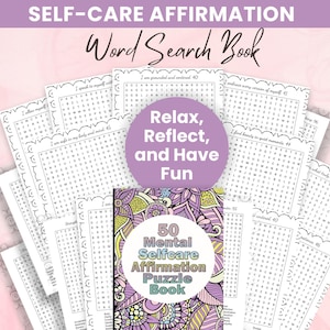 May include: A 50 Mental Selfcare Affirmation Puzzle Book with a colorful, patterned cover featuring purple, yellow, and black floral designs. The book is surrounded by multiple white word search puzzle pages with black text and decorative borders.