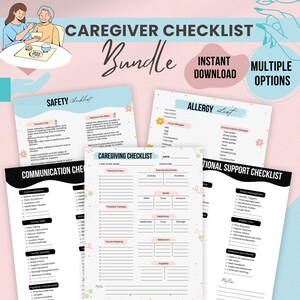 Puede incluir: Un paquete de listas de verificaci&oacute;n imprimibles rosa y blanco para cuidadores. Las listas de verificaci&oacute;n incluyen secciones para seguridad, comunicaci&oacute;n, cuidado, alergias y apoyo emocional. El texto "Caregiver Checklist Bundle" est&aacute; en la parte superior de la imagen.