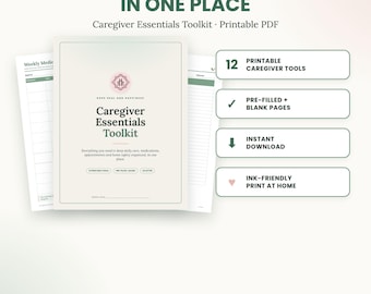 May include: A Caregiver Essentials Toolkit printable PDF featuring a cover page with the title, a weekly medication tracker, and a daily task list. The document includes 12 printable tools, pre-filled and blank pages, and is ink-friendly for home printing.